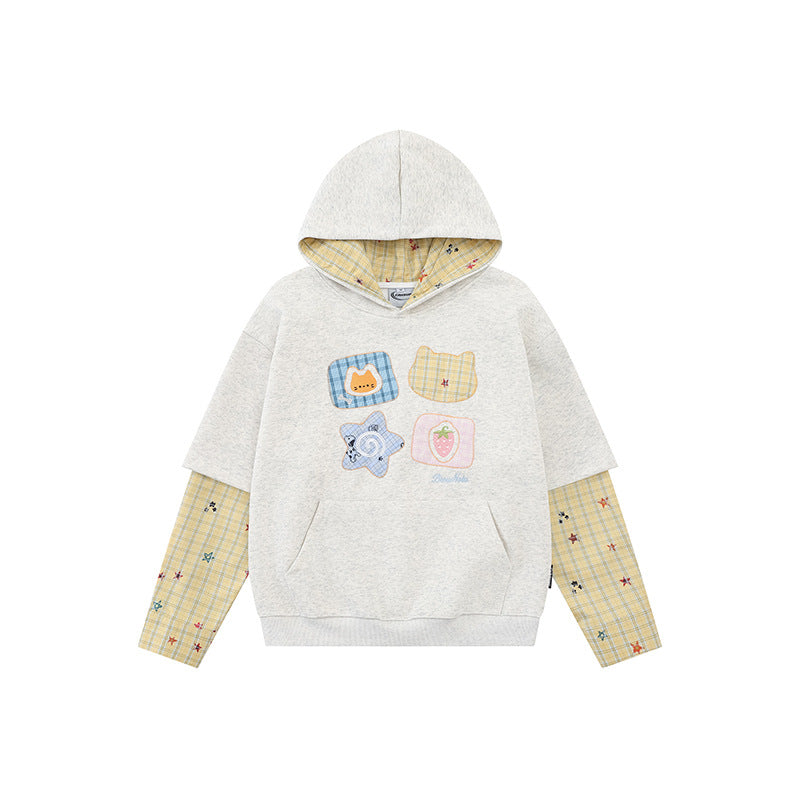 Damen Kapuzensweatshirt mit Lagenoptik, Kängurutasche und verspielten Patch‑Applikationen Nord Taschen