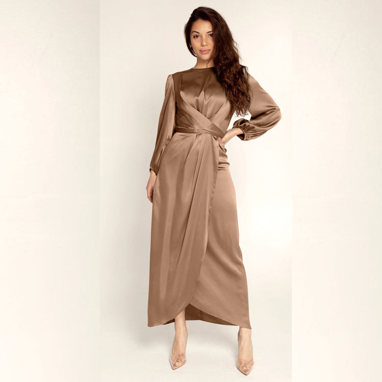Damen Elegantes Maxikleid aus Satin mit Wickel-Detail, Langarm und Taillenband Nord Taschen