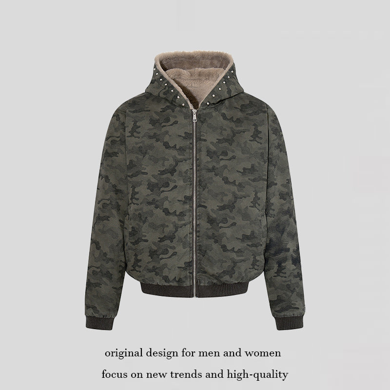 Damen gefütterte Camouflage-Bomberjacke mit Teddy-Innenfutter, Kapuze und Rippbündchen Nord Taschen