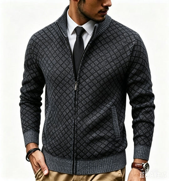 Herren Strukturierte Strickjacke mit Stehkragen und Diamant-Jacquard Nord Taschen