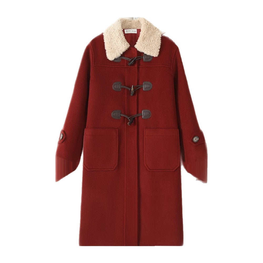 Damen Langer Duffle‑Mantel mit Teddykragen, Knebelverschlüssen und aufgesetzten Taschen Nord Taschen