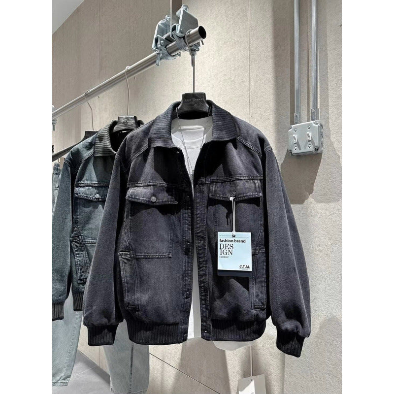 Herren Weitgeschnittene Jeansjacke mit geripptem Kontrastkragen und Vintage-Waschung Nord Taschen