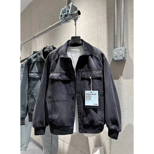 Herren Weitgeschnittene Jeansjacke mit geripptem Kontrastkragen und Vintage-Waschung Nord Taschen