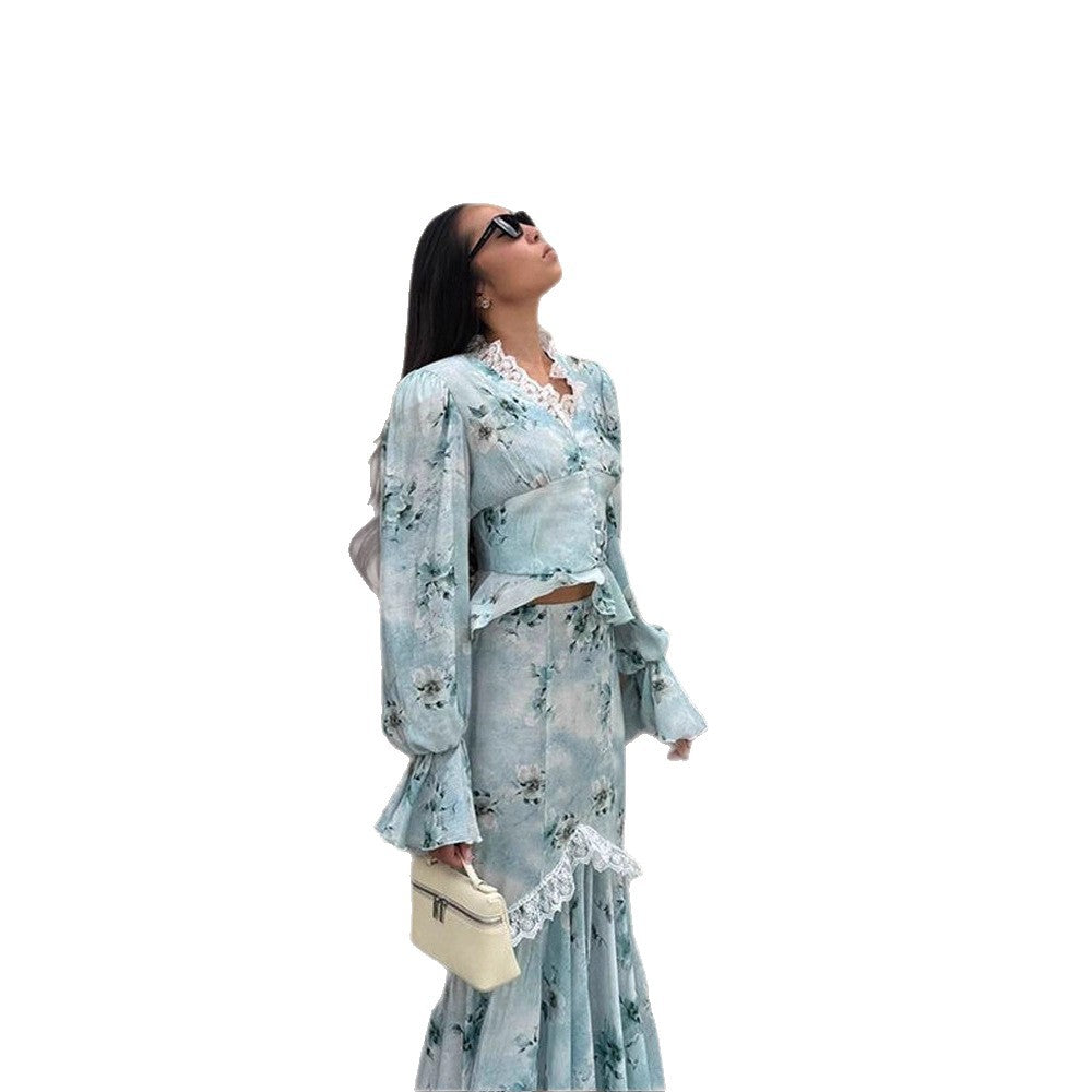 Damen Zweiteiliges Maxikleid-Set mit Korsagenoberteil, Volantärmeln und Spitzenbesatz Nord Taschen