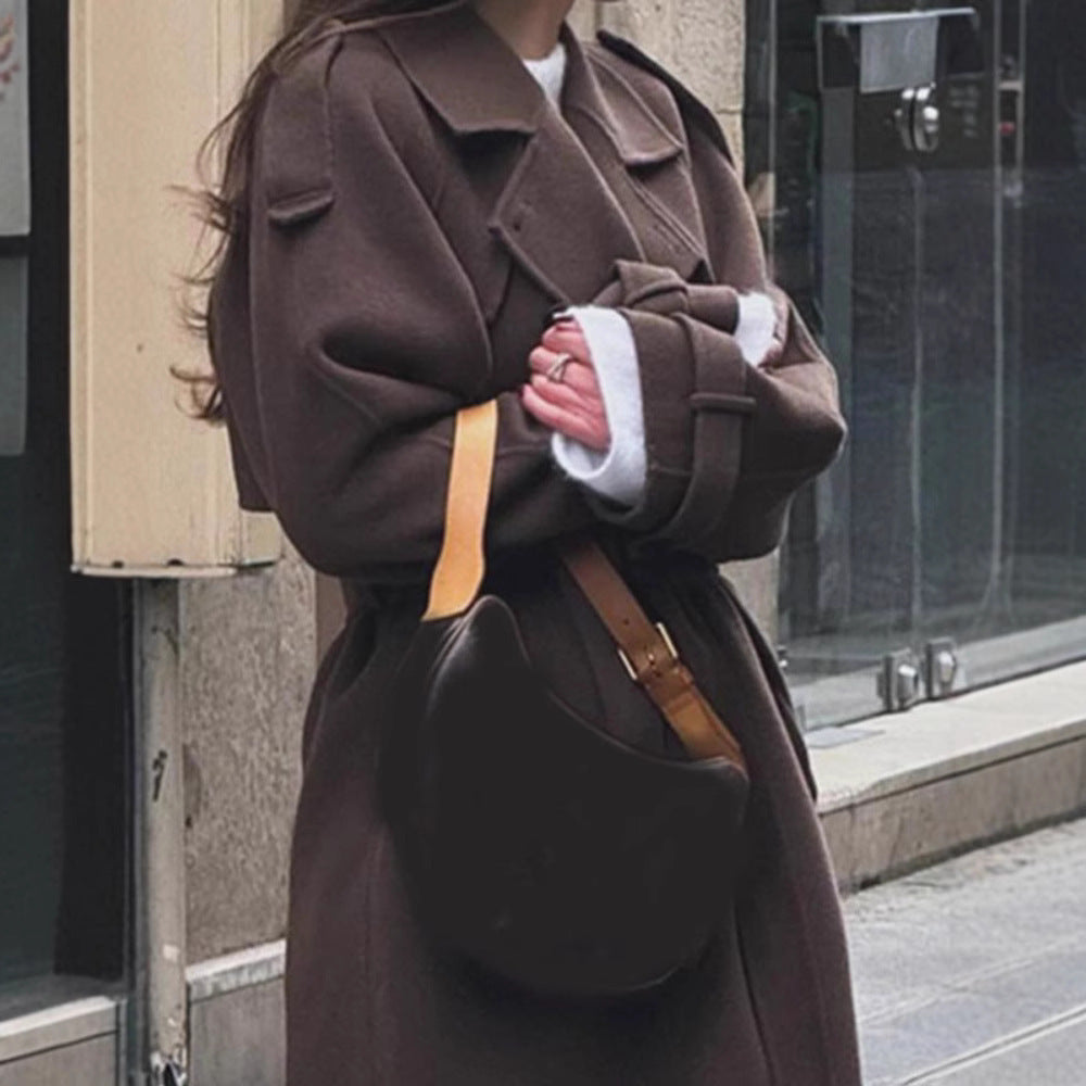 Damen Maxi-Wollmix-Mantel im Military-Stil mit breitem Revers und überschnittenen Ärmeln Nord Taschen