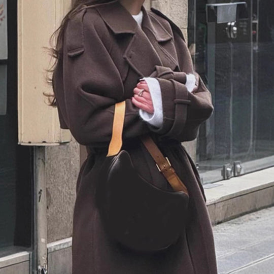 Damen Maxi-Wollmix-Mantel im Military-Stil mit breitem Revers und überschnittenen Ärmeln Nord Taschen