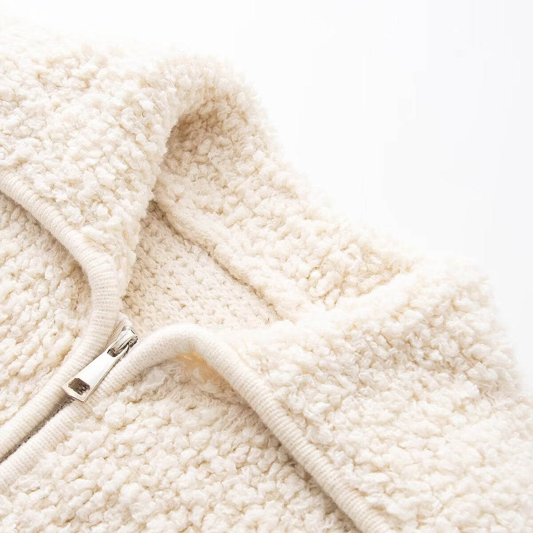 Damen Teddy-Fleece Kurzjacke mit weitem Umlegekragen und durchgehendem Reißverschluss Nord Taschen