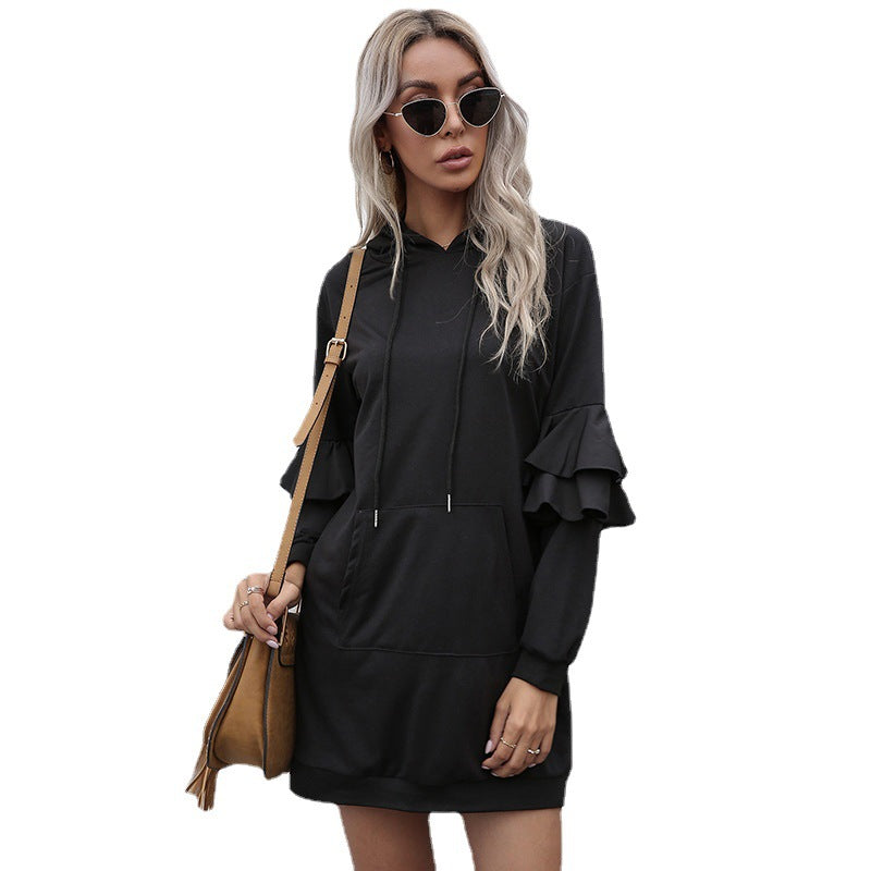 Damen Oversize-Kapuzenkleid mit zweistufigen Volantärmeln und Eingrifftasche Nord Taschen