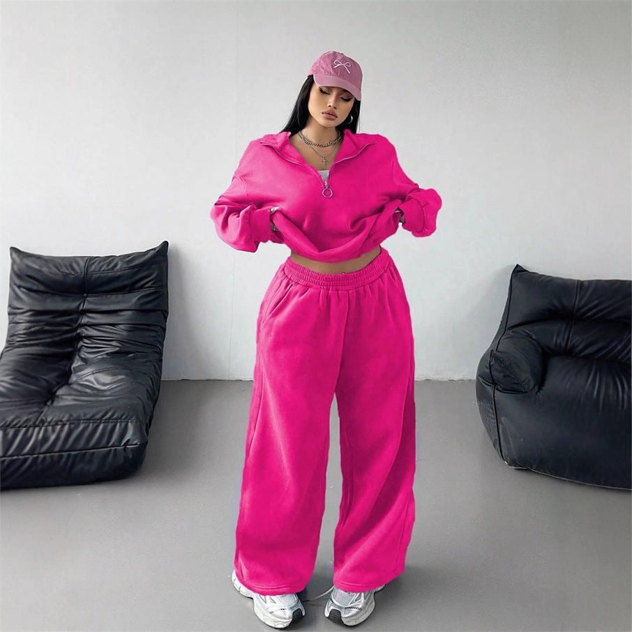 Damen Samt-Cropped-Ziphoodie und weit geschnittene High-Waist Palazzo-Jogginghose Nord Taschen