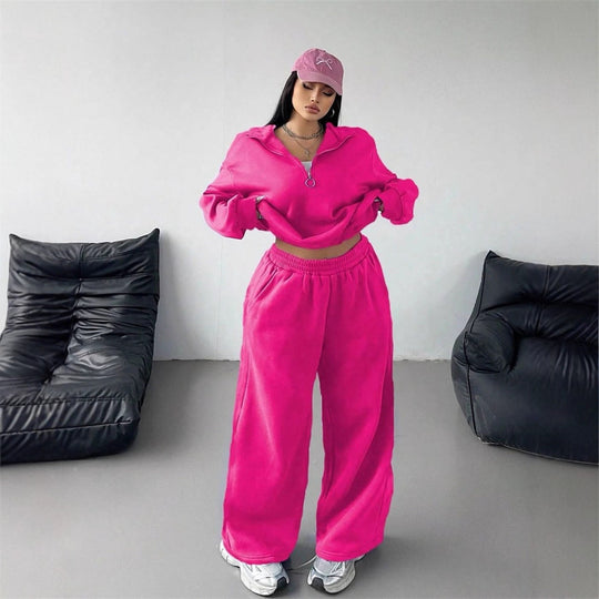Damen Samt-Cropped-Ziphoodie und weit geschnittene High-Waist Palazzo-Jogginghose Nord Taschen