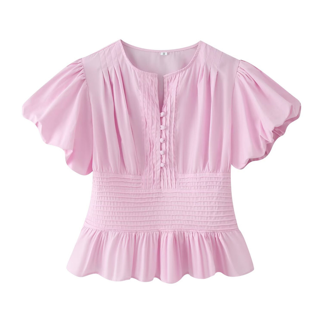 Damen Romantische Bluse mit Puffärmeln, Kellerfalten‑Blende und gesmokter Taille Nord Taschen