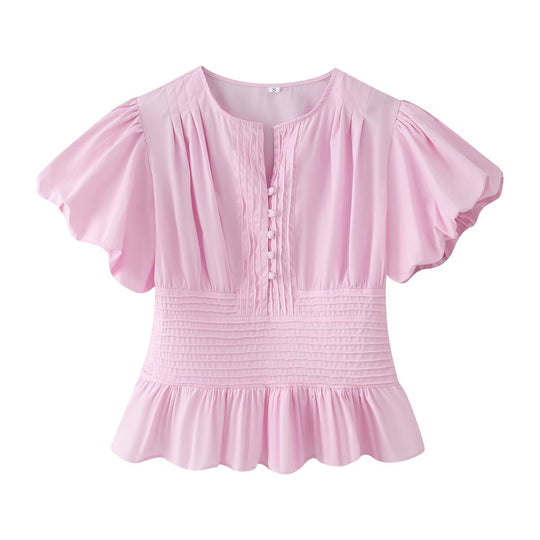 Damen Romantische Bluse mit Puffärmeln, Kellerfalten‑Blende und gesmokter Taille Nord Taschen