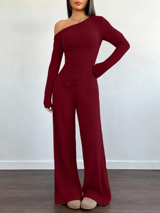 Damen Asymmetrisches Strick-Lounge-Set mit One-Shoulder-Oberteil und weitem Bein Nord Taschen