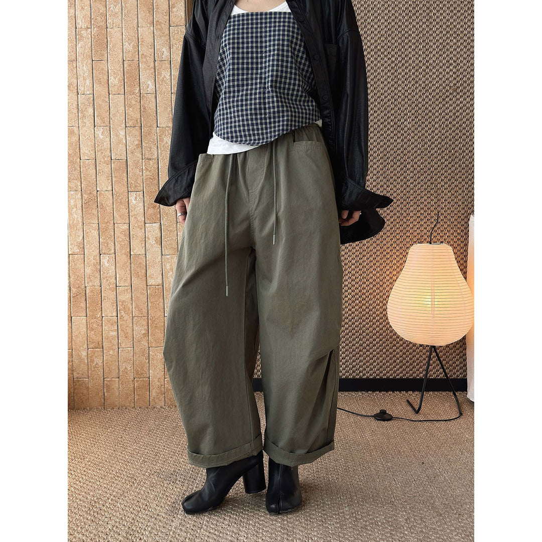 Damen Weite High‑Waist Baumwollhose mit Tunnelzug und Umschlagsaum Nord Taschen