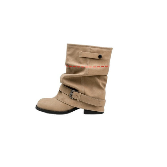 Damen Modische Stiefeletten mit lässigem Falten-Design und eleganter Schnallenverzierung Nord Taschen