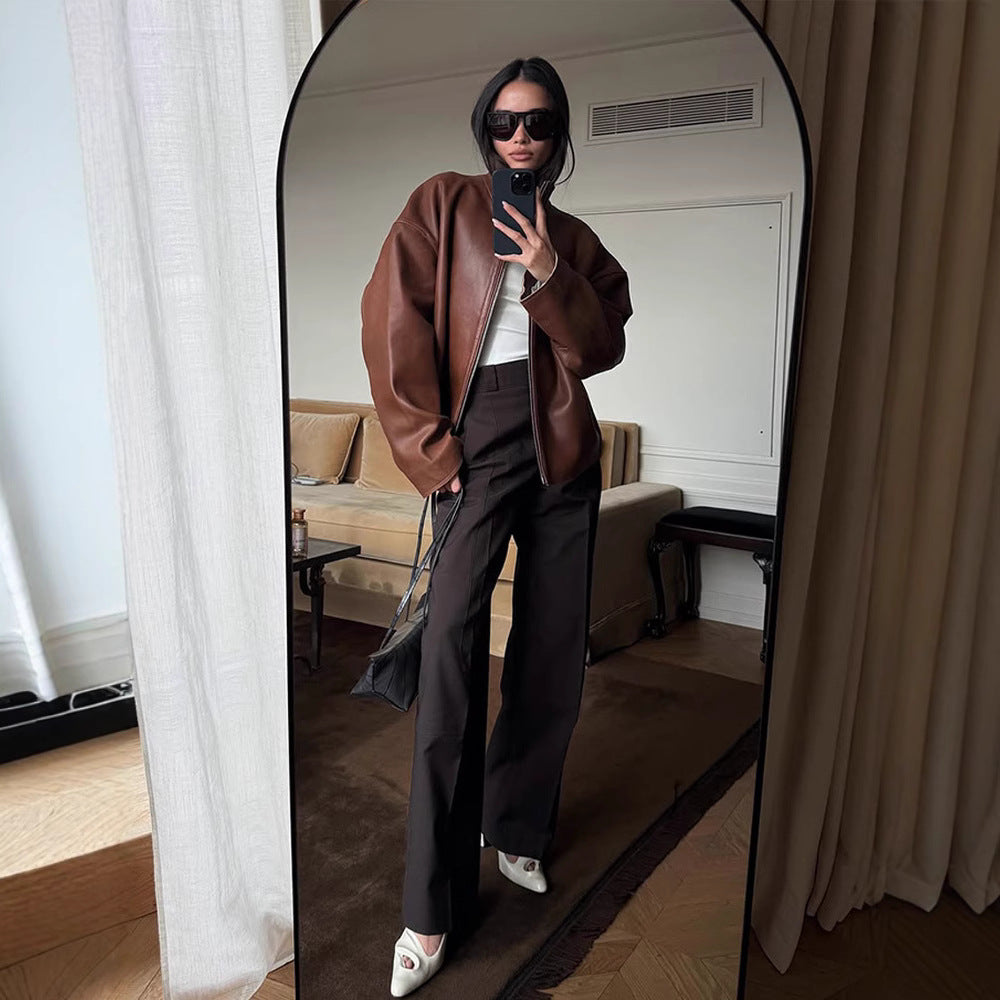 Damen Oversized Lederblouson mit soften Teddy-Innenfutter und Verdeckt-Reißverschluss Nord Taschen