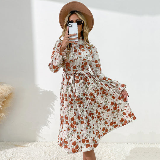 Damen Midikleid mit Blumenprint, Plissée‑Rock, Stehkragen und Bindegürtel Nord Taschen