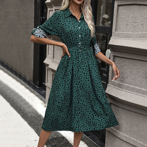 Damen Langärmliges Hemdblusenkleid mit Gürtel und Punkten Nord Taschen