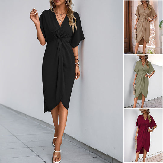 Damen Wickel-Midikleid mit Knotendetail, V-Ausschnitt und überschnittenen Ärmeln Nord Taschen