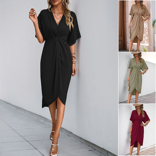 Damen Wickel-Midikleid mit Knotendetail, V-Ausschnitt und überschnittenen Ärmeln Nord Taschen