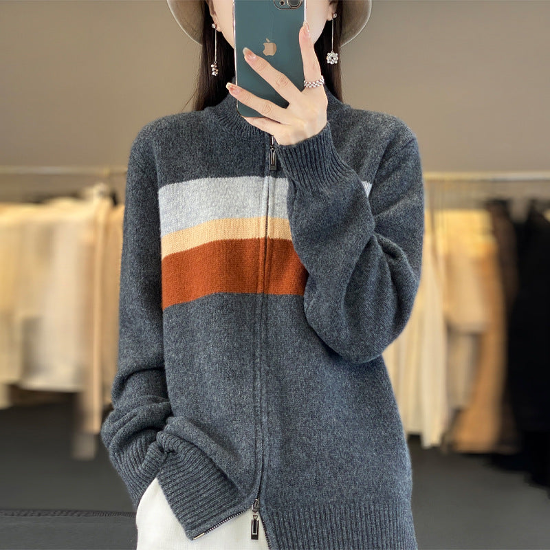 Damen Reißverschluss-Strickcardigan aus weichem Wollmix mit Blockstreifen und geripptem Saum Nord Taschen