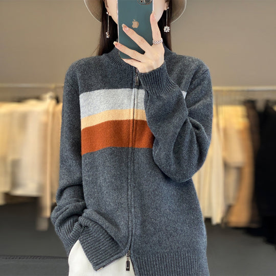 Damen Reißverschluss-Strickcardigan aus weichem Wollmix mit Blockstreifen und geripptem Saum Nord Taschen