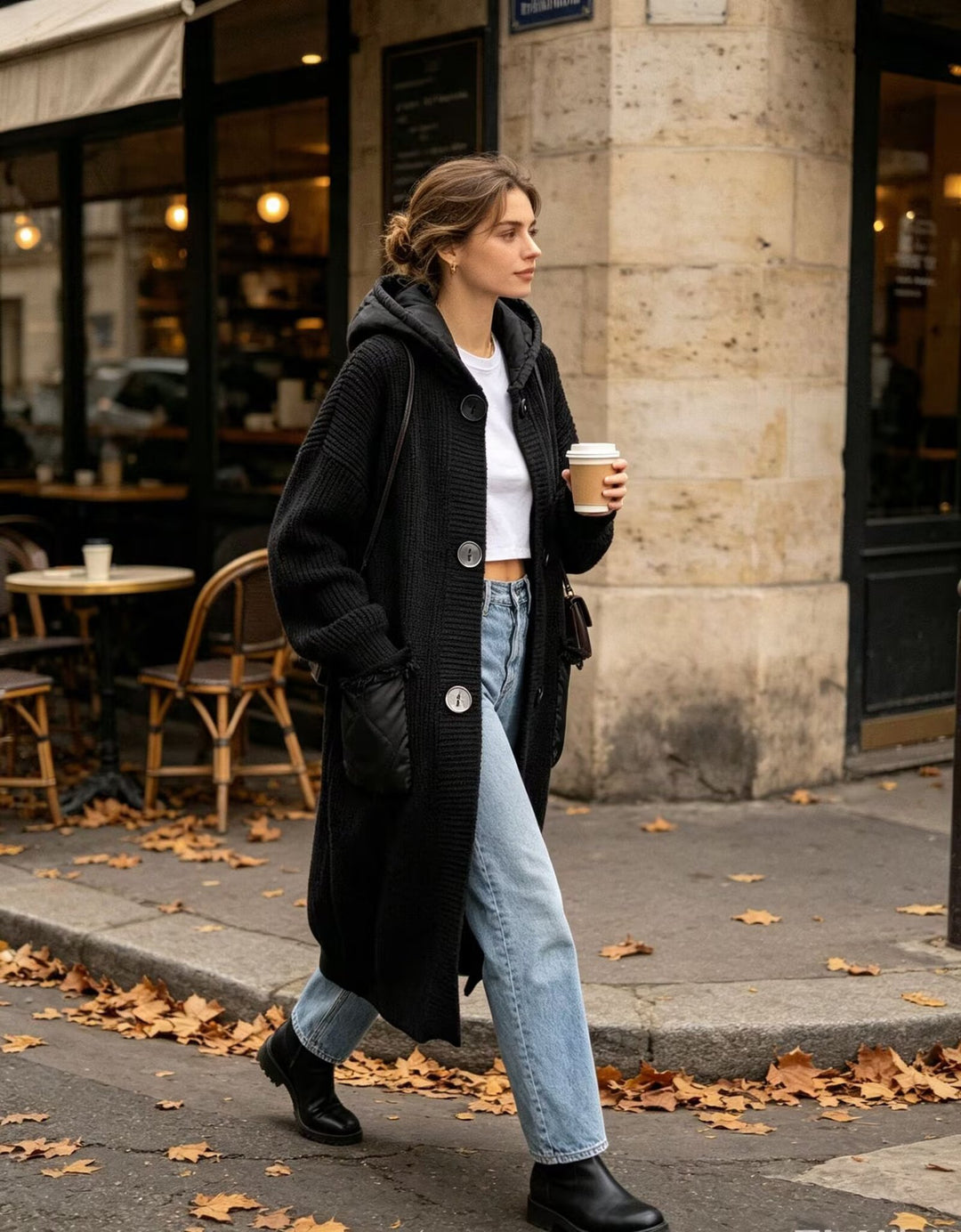 Damen Langer Oversize-Strickmantel mit gesteppter Kapuze und aufgesetzten Stepp-Taschen Nord Taschen