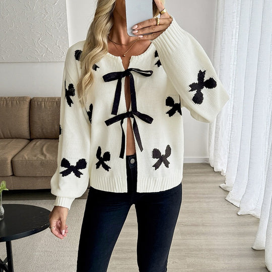 Damen Strickcardigan mit Schleifenapplikation und Bindebändern Nord Taschen