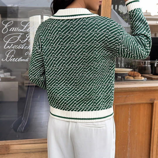 Damen Jacquard-Strickpullover mit Polokragen und V‑Schlitz Nord Taschen