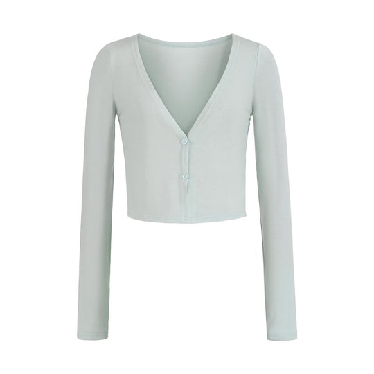 Damen Kurzer Feinstrick-Cardigan mit tiefem V-Ausschnitt und knöpfbarer Front Nord Taschen