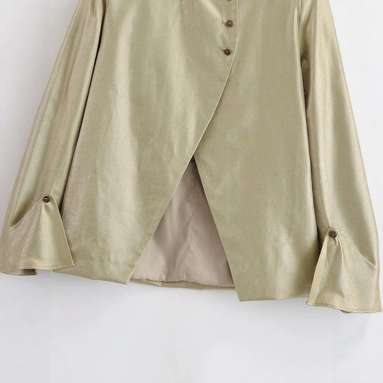 Damen Glänzende A-Linien-Jacke mit asymmetrischer Knopfleiste und Glockenärmeln Nord Taschen