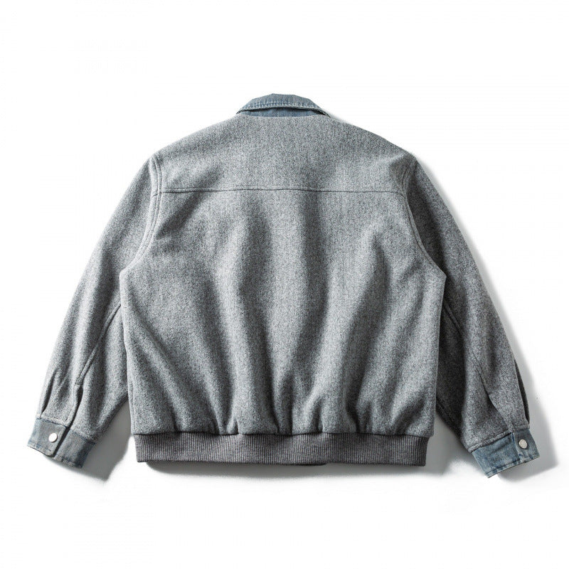 Herren Kurz geschnittener Wollmix‑Fliegerblouson mit Denim‑Kragen, verdecktem Reißverschluss und Pattentaschen Nord Taschen