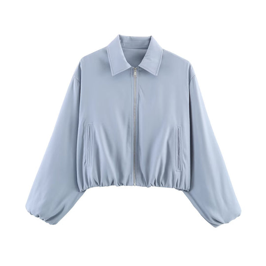 Damen Kurzjacke im Harrington‑Stil mit Polka‑Dot‑Muster, Ballonärmeln und elastischem Saum Nord Taschen