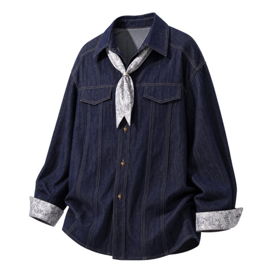 Damen Oversize-Chambray-Hemdbluse mit Ziernähten, Brustklappen & integriertem Halstuch Nord Taschen