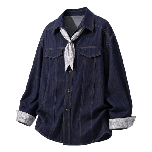 Damen Oversize-Chambray-Hemdbluse mit Ziernähten, Brustklappen & integriertem Halstuch Nord Taschen