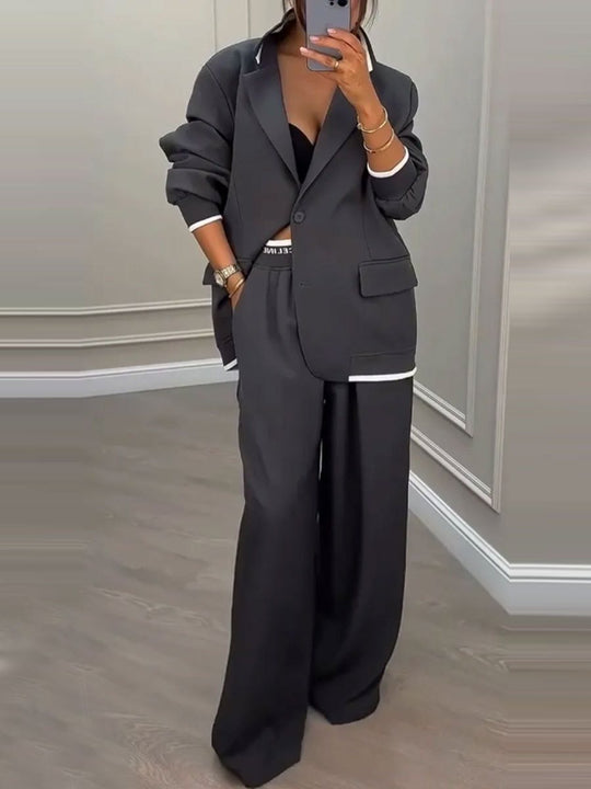 Damen Oversize-Blazer mit Kontrastbesatz und High‑Waist Palazzo‑Hose Zweiteiler Nord Taschen