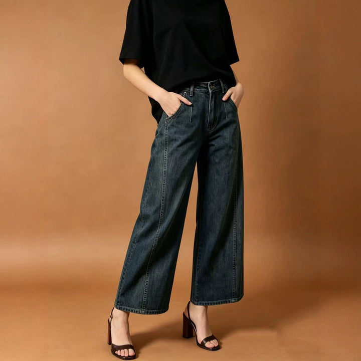 Damen hohe Taille Plissée Wide-Leg-Denimhose mit verkürztem Bein und dekorativen Vorderfalten Nord Taschen