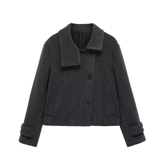 Damen Kurze Wollmischjacke mit Umschlagkragen, Kastenform und verstellbaren Manschetten Nord Taschen