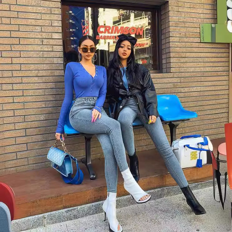 Damen hoch taillierte formende Skinny-Jeans aus Stretch-Denim mit Push-up-Effekt Nord Taschen