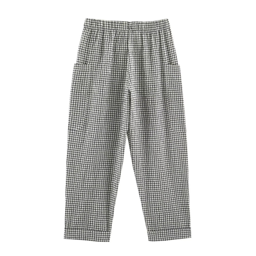 Damen Leichte karierte Seersucker-Hose mit Gummibund, aufgesetzten Taschen und schmal zulaufendem Bein Nord Taschen
