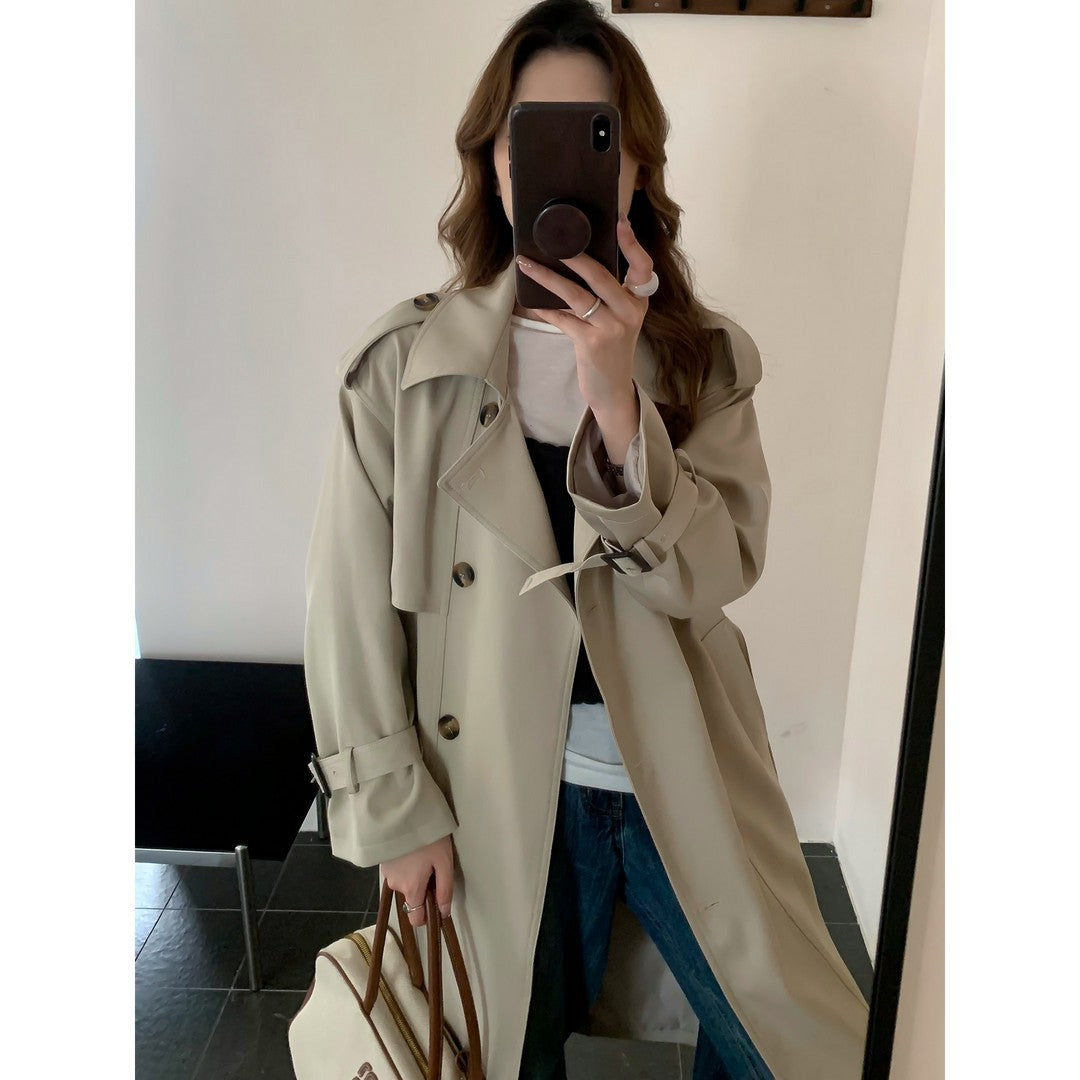 Damen Langer Trenchcoat mit Hochkragen, doppelter Sturmklappe und verstellbaren Manschetten Nord Taschen