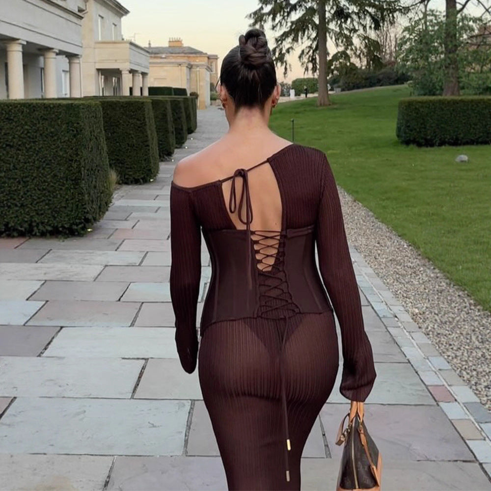 Damen One-Shoulder Maxikleid mit formendem Korsettbund und Rippstrick Nord Taschen