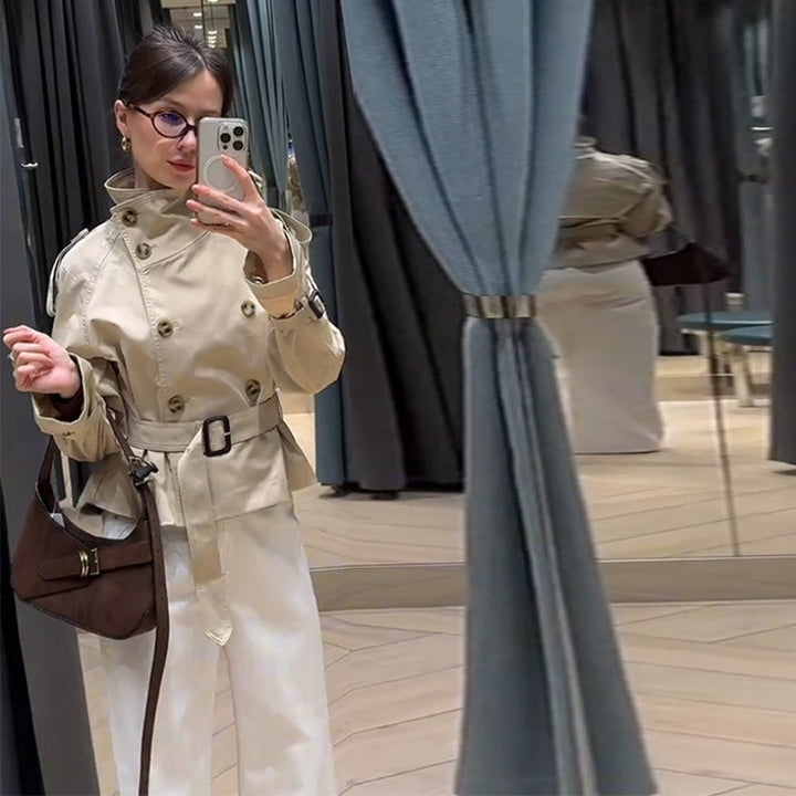 Damen modische Trenchjacke mit Gürtel und doppelter Knopfaiusschnitt Nord Taschen
