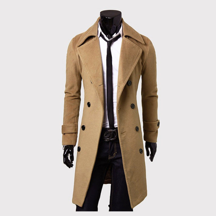 Herren taillierter zweireihiger Trenchcoat aus Wollmix mit klassischem Revers und Rückenschlitz Nord Taschen