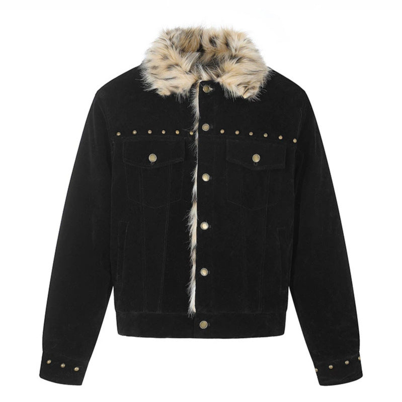 Herren Veloursleder-Truckerjacke mit Kunstfellkragen, Nietenbesatz und Druckknopfverschluss Nord Taschen