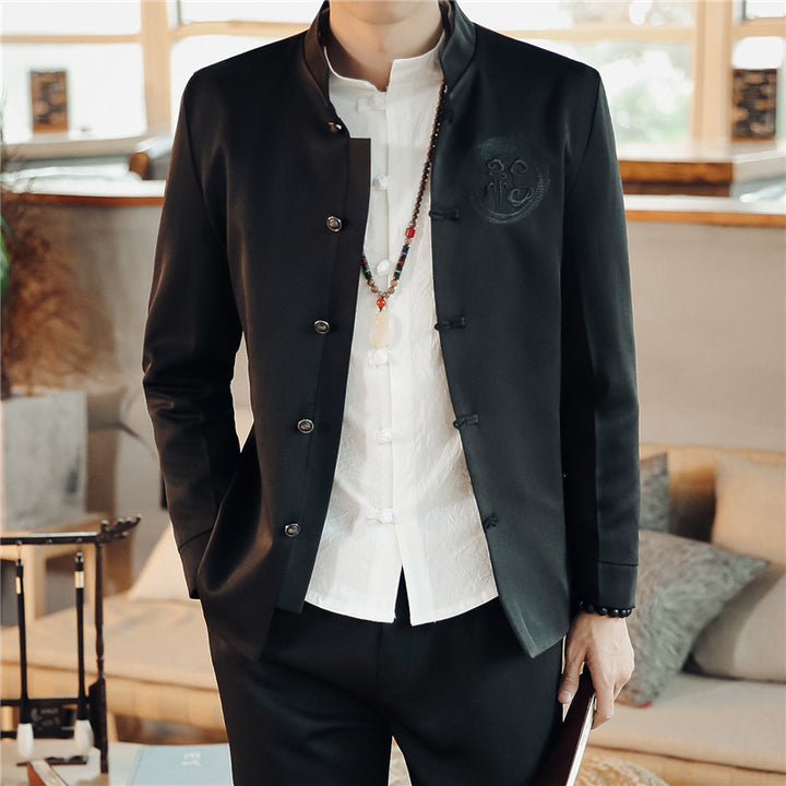 Herren asiatisch inspirierte Mandarinjacke mit Stehkragen, Knotenknopfleiste und tonalem Stick-Emblem Nord Taschen