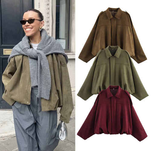 Damen Oversize-Suedejacke mit Schulterklappen, verdeckter Knopfleiste und elastischem Saum Nord Taschen