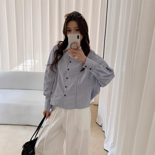 Damen Oversized Hemdbluse mit Streifenmuster und Ballonärmeln Nord Taschen