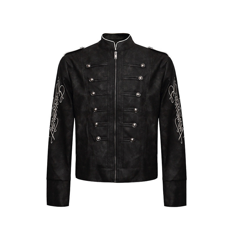 Herren Military-inspirierte Lederjacke mit Stehkragen, Zierknopfreihen und bestickten Ärmeln Nord Taschen