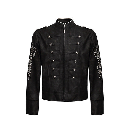 Herren Military-inspirierte Lederjacke mit Stehkragen, Zierknopfreihen und bestickten Ärmeln Nord Taschen